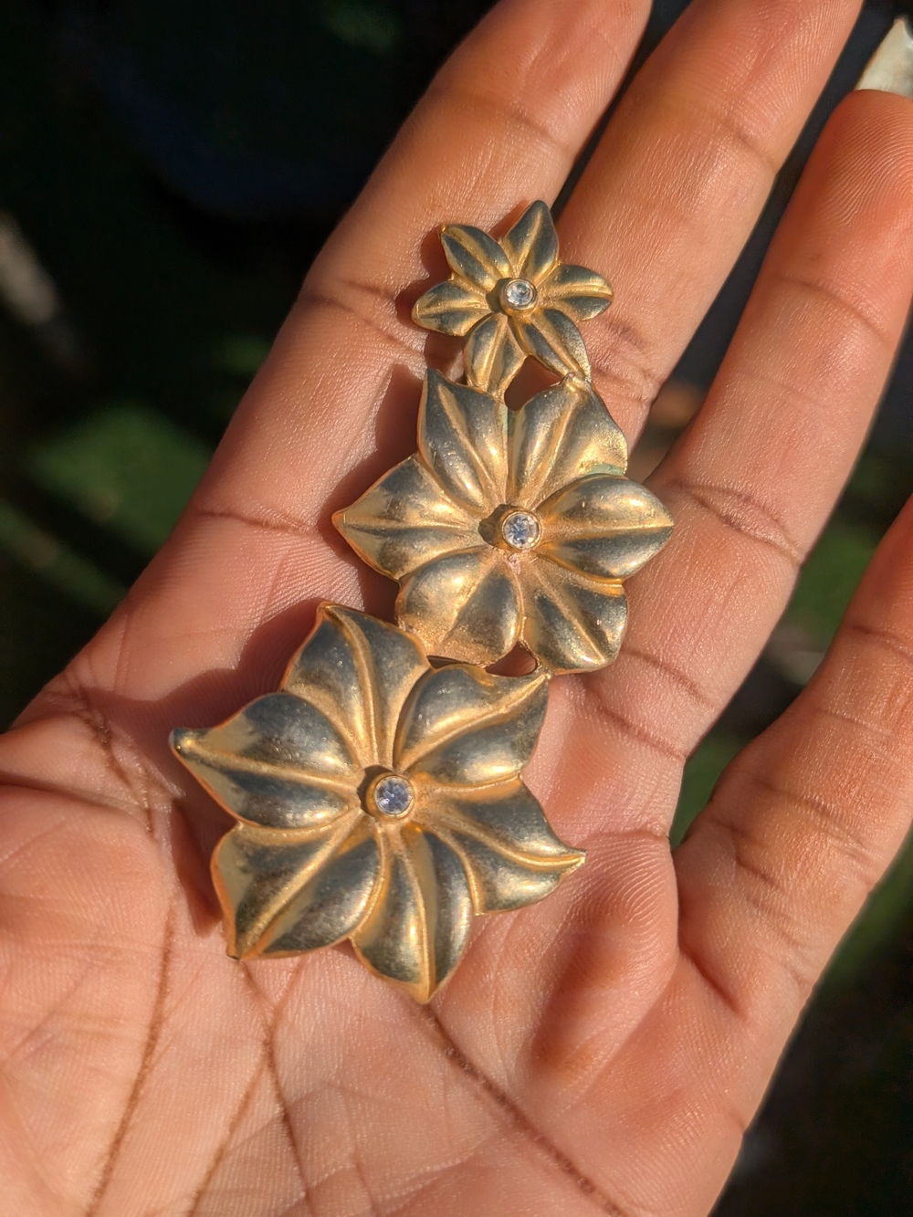 Gold-Tone Floral Drop Earrings with Clear Crystal Centers